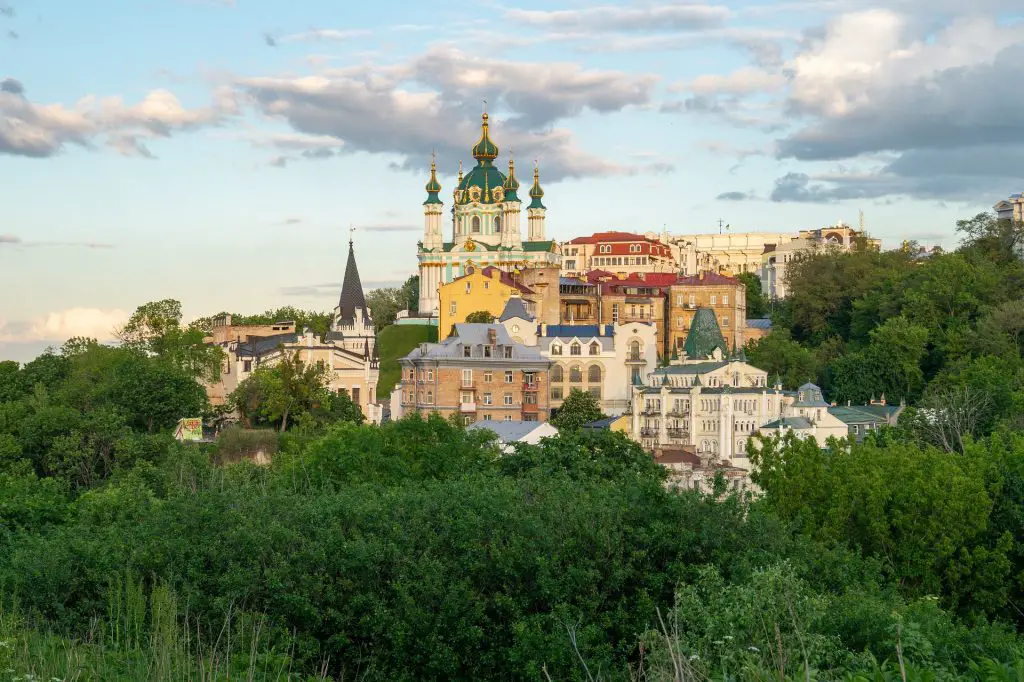 Ukraine, Kiev, hilltop old buildings, church and park.