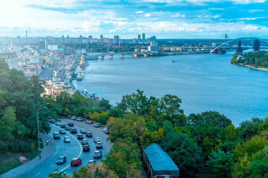 Arial photo of the city of Kiev in Ukraine, view of the river Dnipro and residential apartment buildings